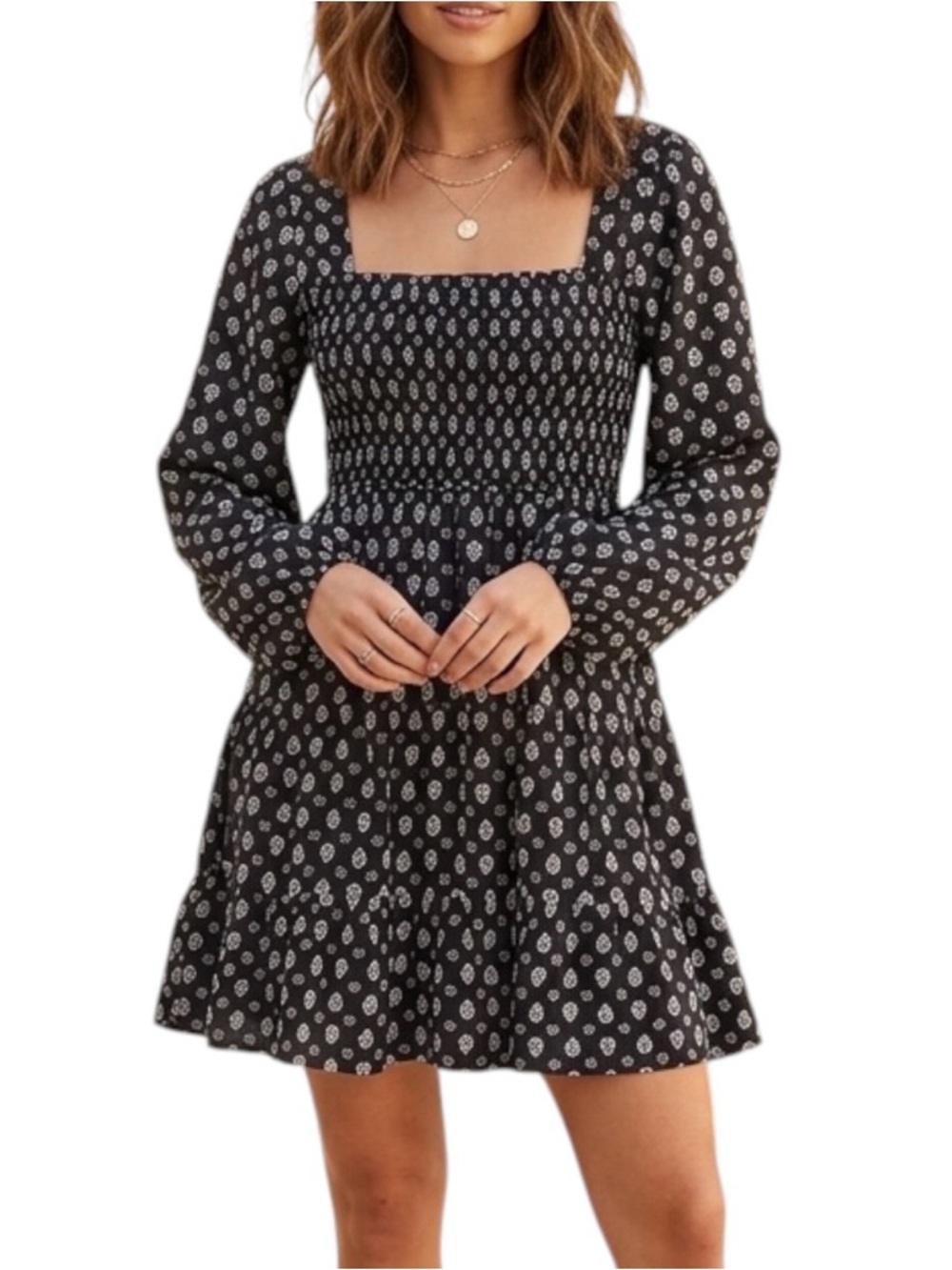 Boho Smocked Mini Dress Black White Paisley Square Neck Long Bishop Sleeves Sz S